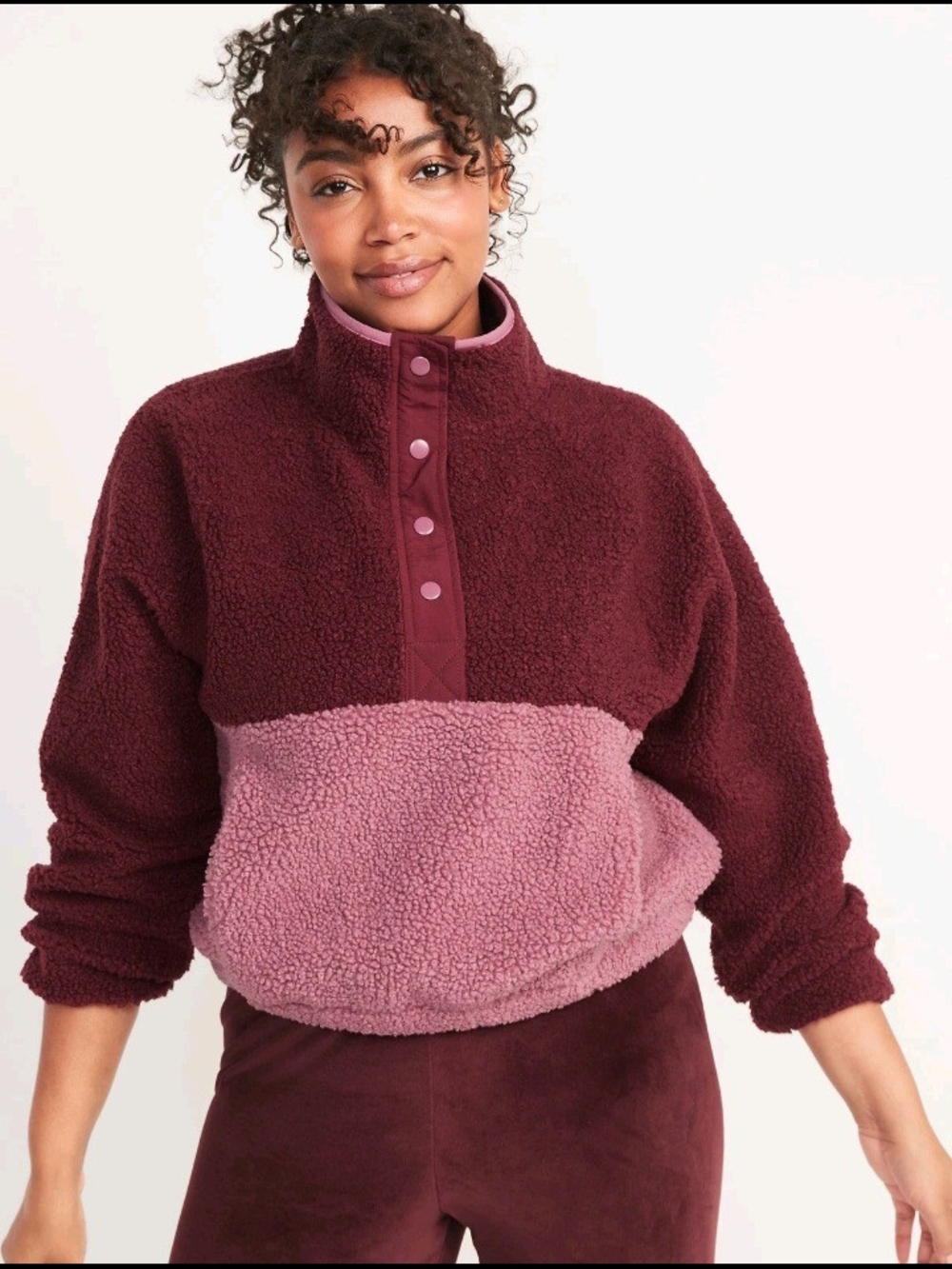 Old Navy Colorblock Sherpa Pullover - Burgundy & Dusty Rose